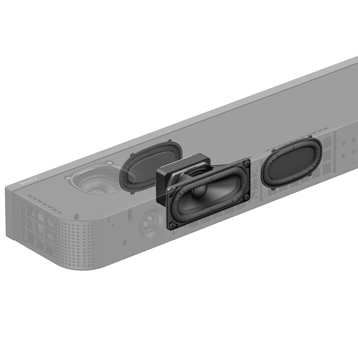 Sony BRAVIA Theater Bar 7 Soundbar front top and side view angled right graphic showing internal speakers detail of left side of unit