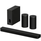 Sony BRAVIA Theater Bar 7 Soundbar front top and side view angled left to front with subwoofer and pair of rear speakers behind
