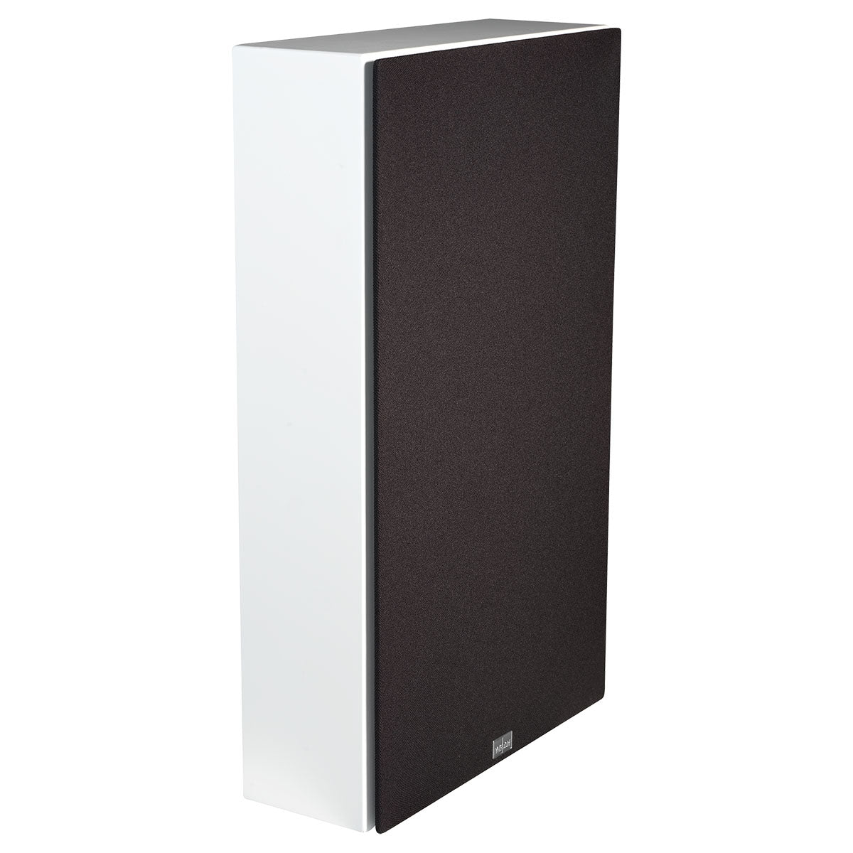 Lyngdorf FR-1 Speaker front view angled right white unit with black grille