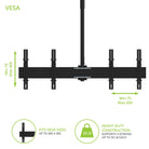 Kanto CM600B4B Back-to-Back Quad Screen TV Ceiling Mount for Four 40” to 45” TVs with VESA dimensions and weight capacity on a white background