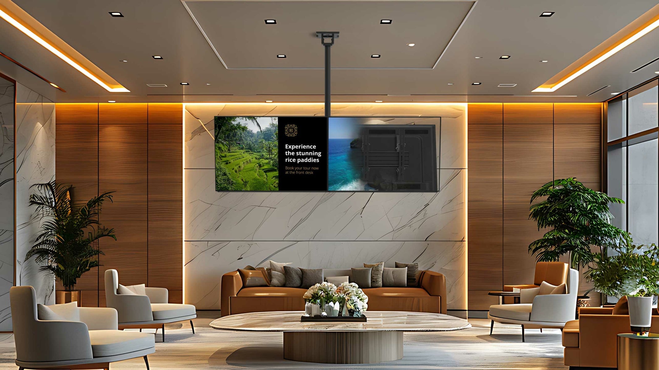 Modern living room with a large flat-screen TV mounted on the wall.