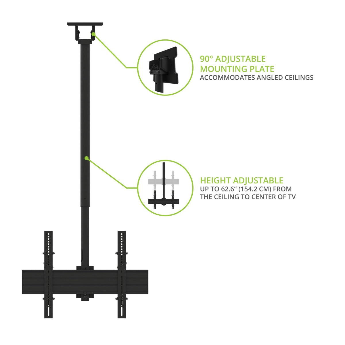 Diagram of an adjustable TV mount with features highlighted on a white background