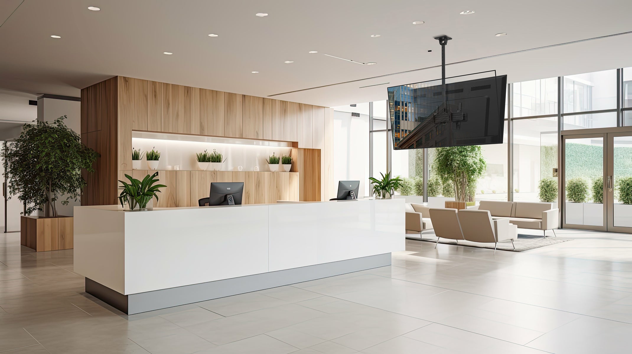 Modern office lobby with reception desk, chairs, and a large TV screen.