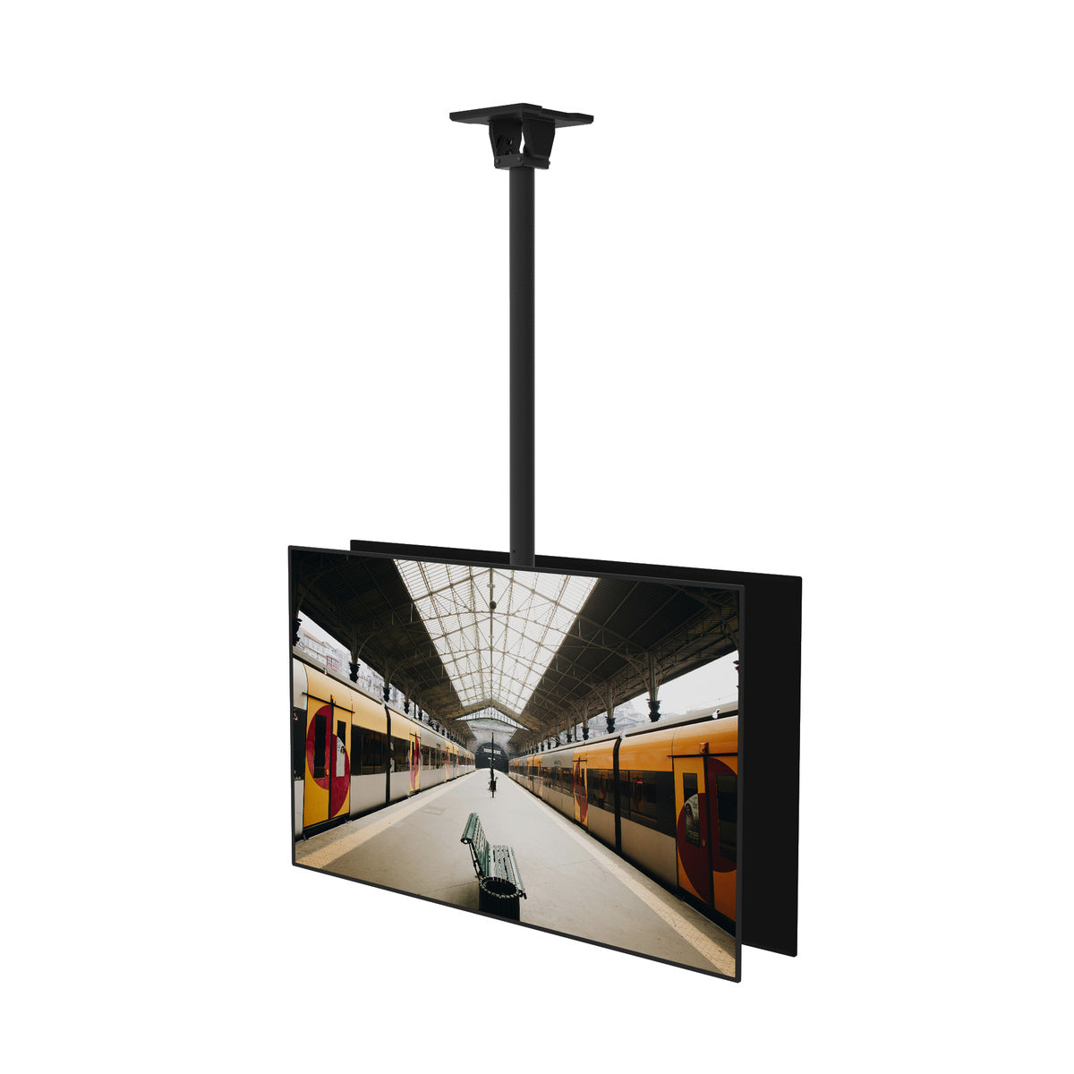 Ceiling-mounted display screen showing a train station.
