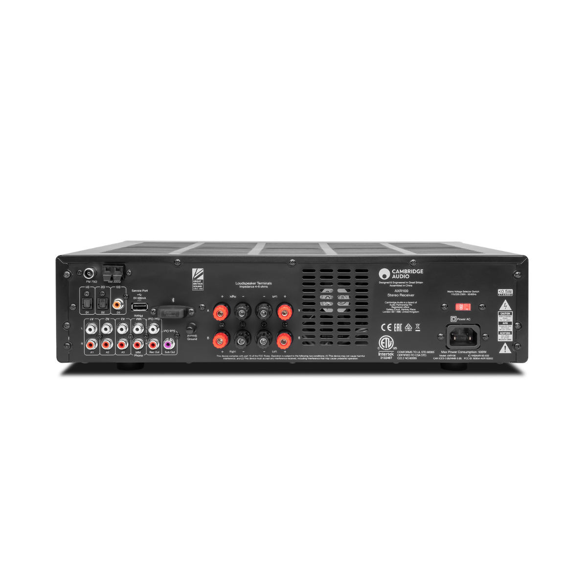 Back panel of Cambridge Audio AXR100 FM/AM Stereo Receiver