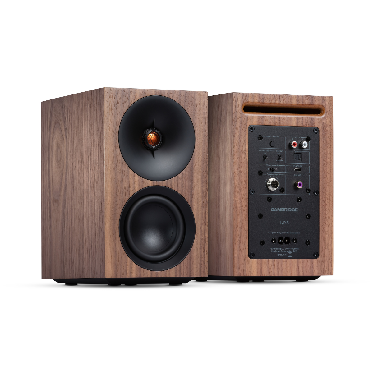 Walnut Cambridge Audio L/R S Ultra Compact Active Stereo Speakers with black components on a white background