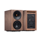 Walnut Cambridge Audio L/R S Ultra Compact Active Stereo Speakers with black components on a white background