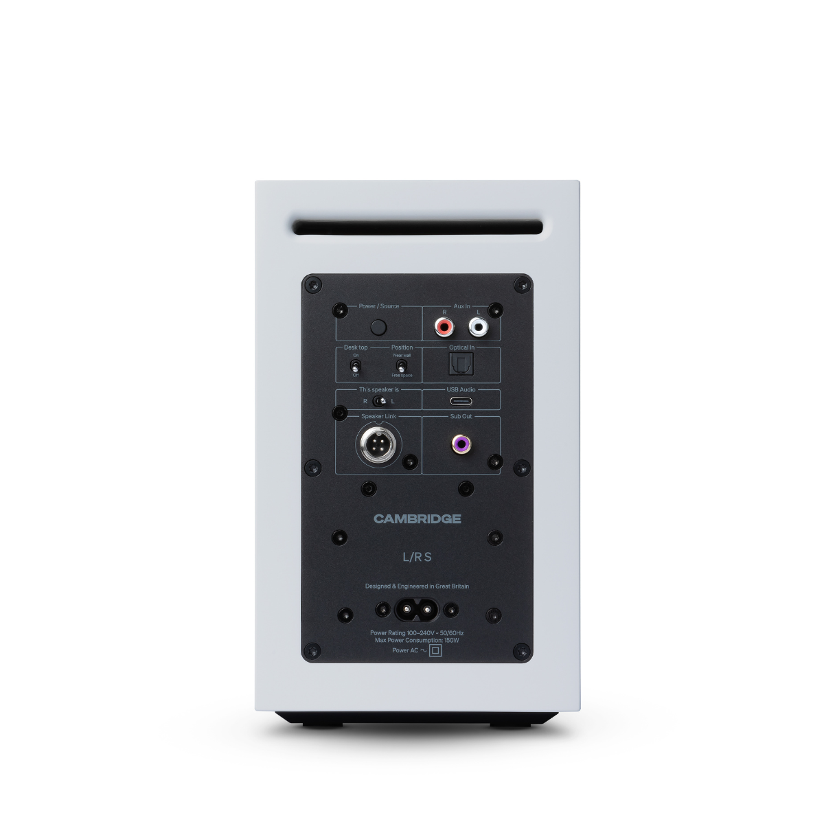 Back view of a Cambridge audio speaker on a white background