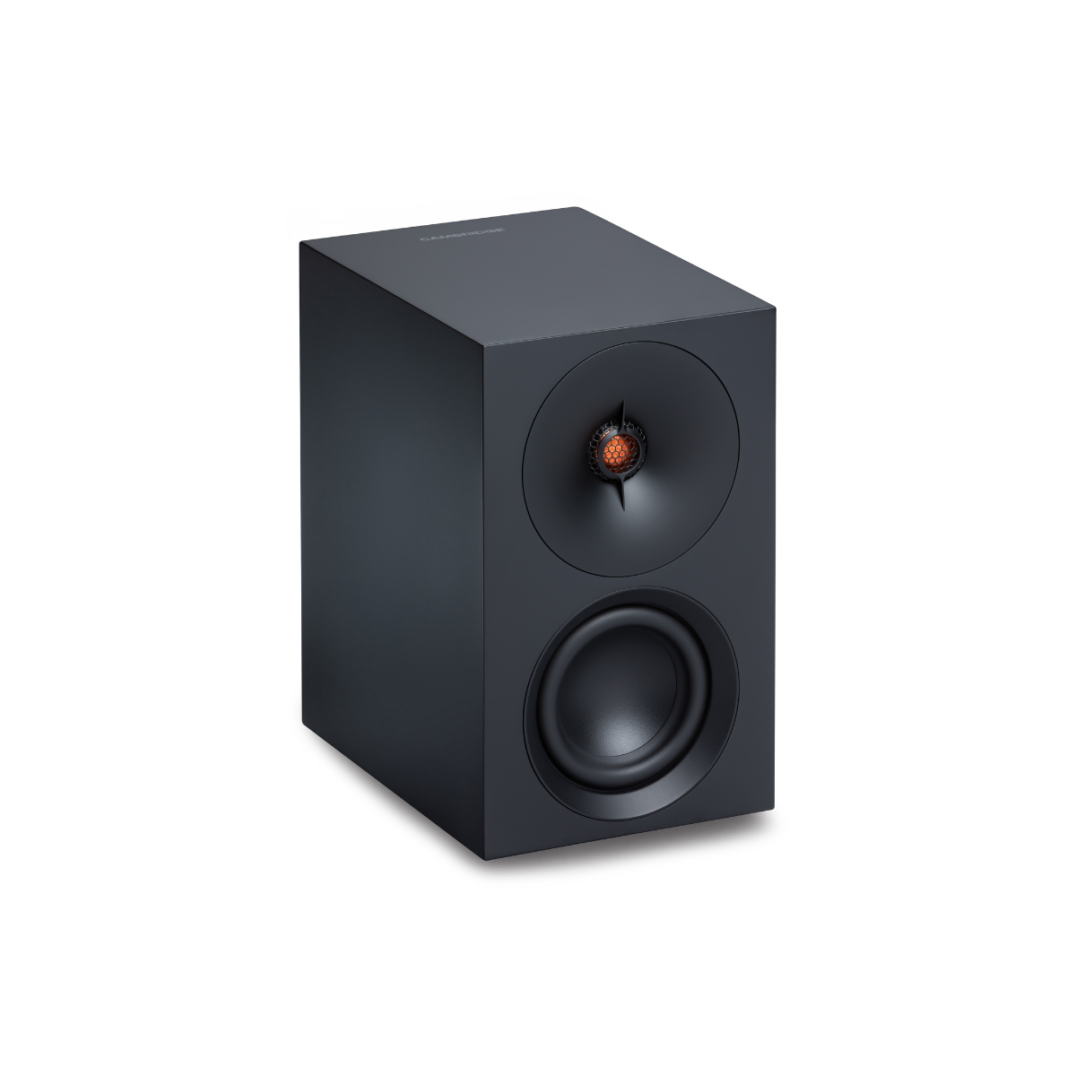 Side view of a black Cambridge Audio L/R S Ultra Compact Active Stereo Speakers