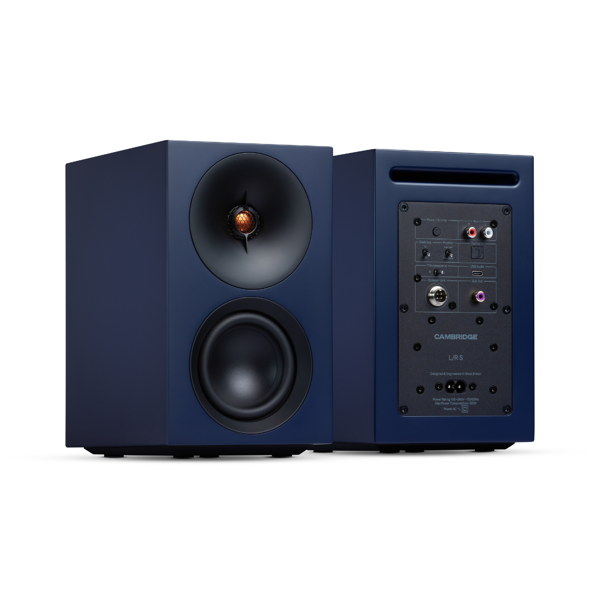 Front and back view of a blue Cambridge Audio L/R S Ultra Compact Active Stereo Speakers
