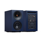 Front and back view of a blue Cambridge Audio L/R S Ultra Compact Active Stereo Speakers