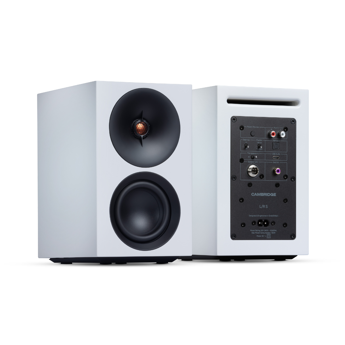 White Cambridge Audio L/R S Ultra Compact Active Stereo Speakers with black components on a white background