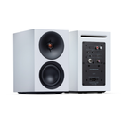 White Cambridge Audio L/R S Ultra Compact Active Stereo Speakers with black components on a white background