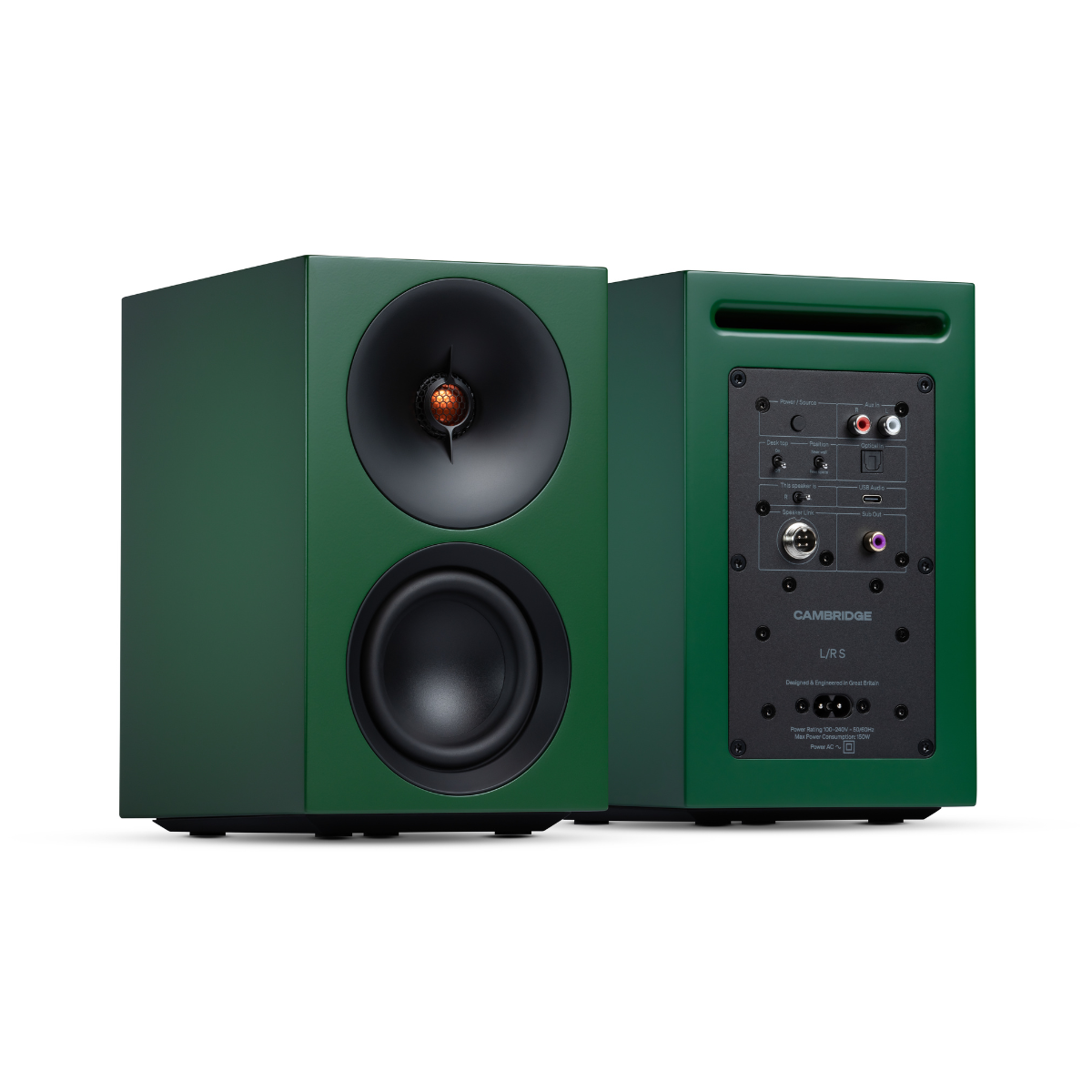 Front and back view of a green Cambridge Audio L/R S Ultra Compact Active Stereo Speakers