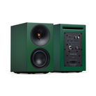 Front and back view of a green Cambridge Audio L/R S Ultra Compact Active Stereo Speakers