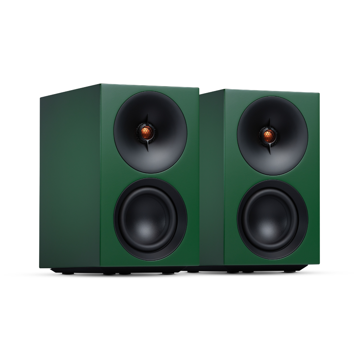 Pair of green Cambridge Audio L/R S Ultra Compact Active Stereo Speakers with black cones on a white background