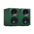 Pair of green Cambridge Audio L/R S Ultra Compact Active Stereo Speakers with black cones on a white background
