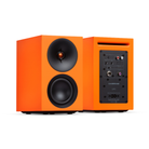 Front and back view of an orange Cambridge Audio L/R S Ultra Compact Active Stereo Speakers