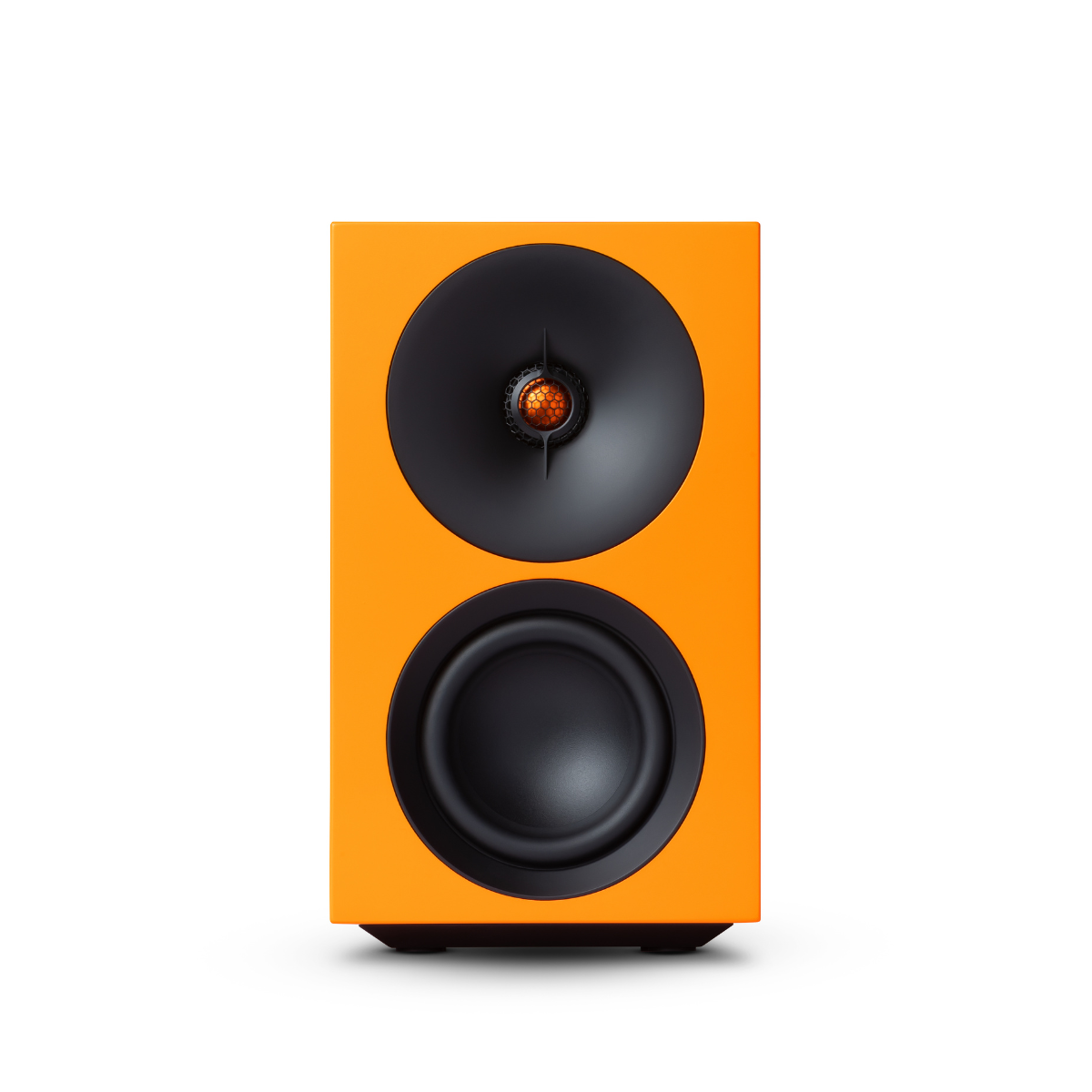 Orange sCambridge Audio L/R S Ultra Compact Active Stereo Speakers with black drivers on a white background