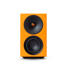 Orange sCambridge Audio L/R S Ultra Compact Active Stereo Speakers with black drivers on a white background