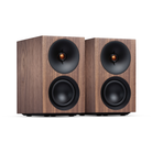 Pair of Walnut Cambridge Audio L/R S Ultra Compact Active Stereo Speakers with black cones on a white background