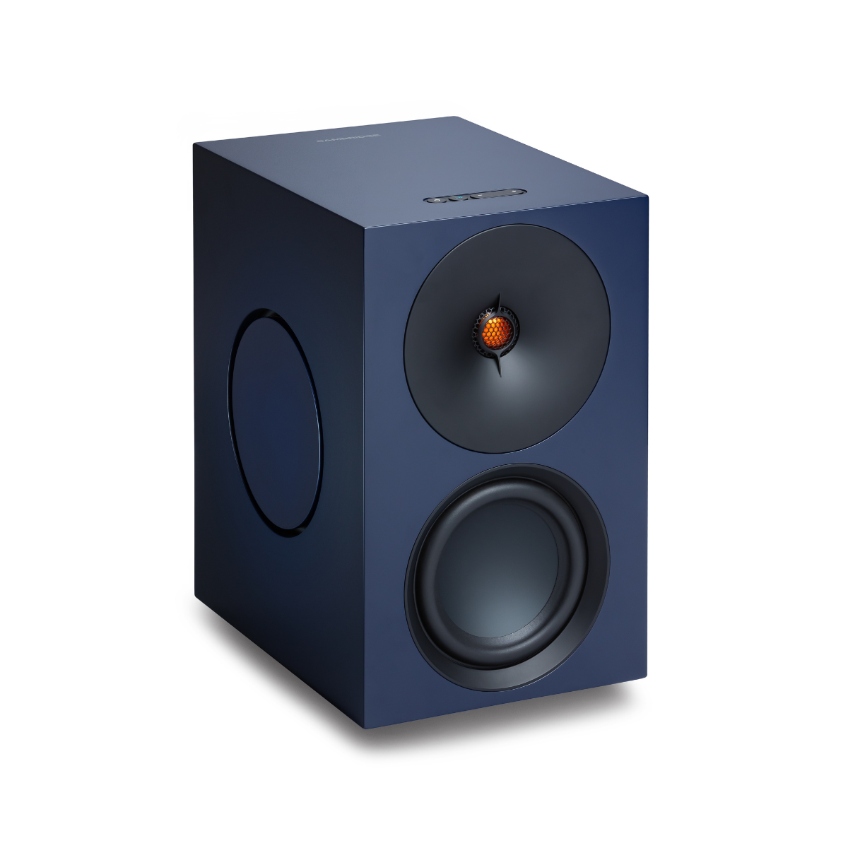 Blue side view of a Cambridge Audio L/R X Advanced active stereo streaming speakers 
