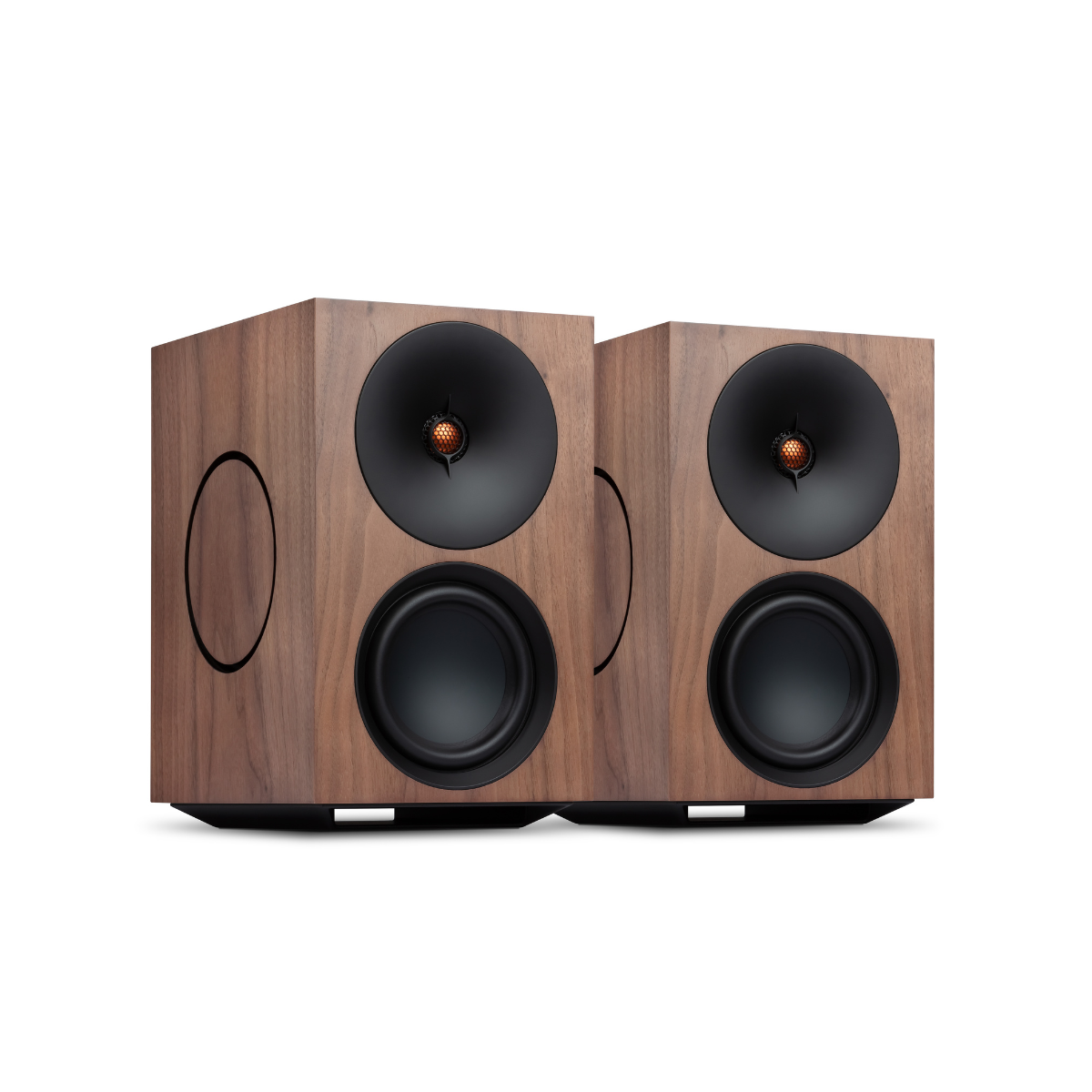 Pair of wooden Cambridge Audio L/R X Advanced active stereo streaming speakers with black cones on a white background