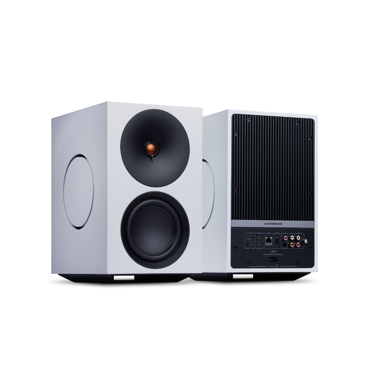 Pair of white Cambridge Audio L/R X Advanced active stereo streaming speakers 