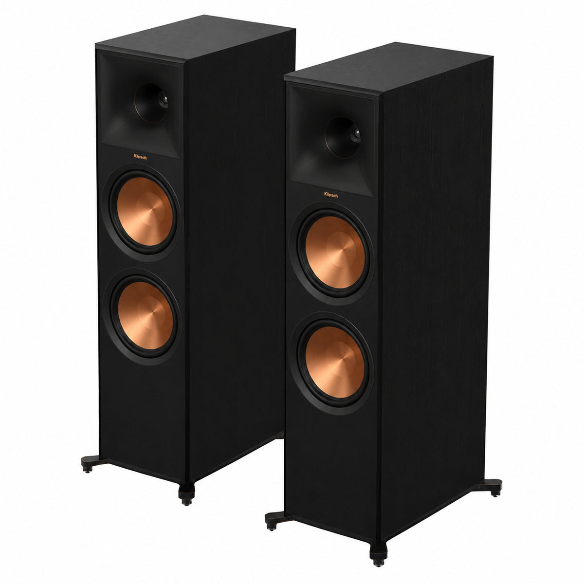 Klipsch Reference Premier III RP-8020F Floorstanding Loudspeaker - pair of ebony speakers front and side view angled left