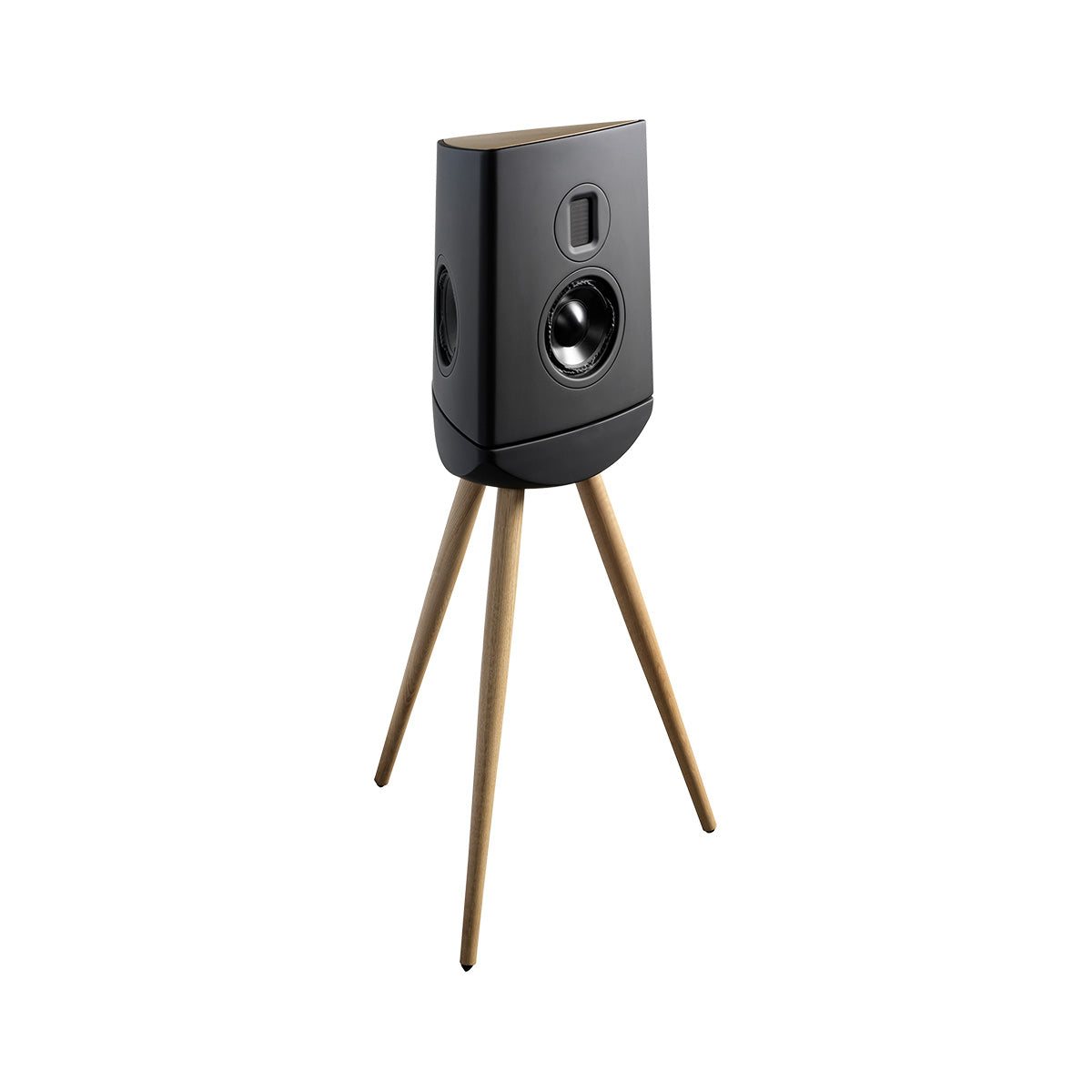 Lyngdorf Cue-100 Speaker black speaker with black base front view angled right without grille