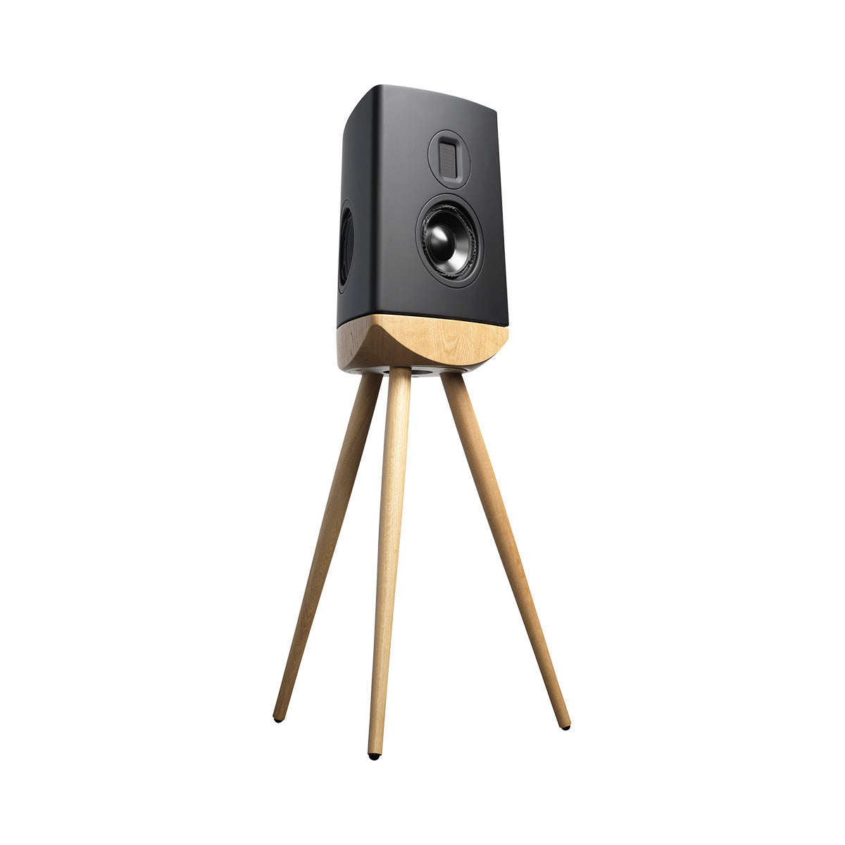 Lyngdorf Cue-100 Speaker black speaker with oak base front view angled right without grille