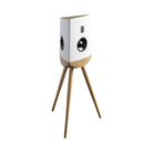 Lyngdorf Cue-100 Speaker white speaker with oak base front view angled right without grille