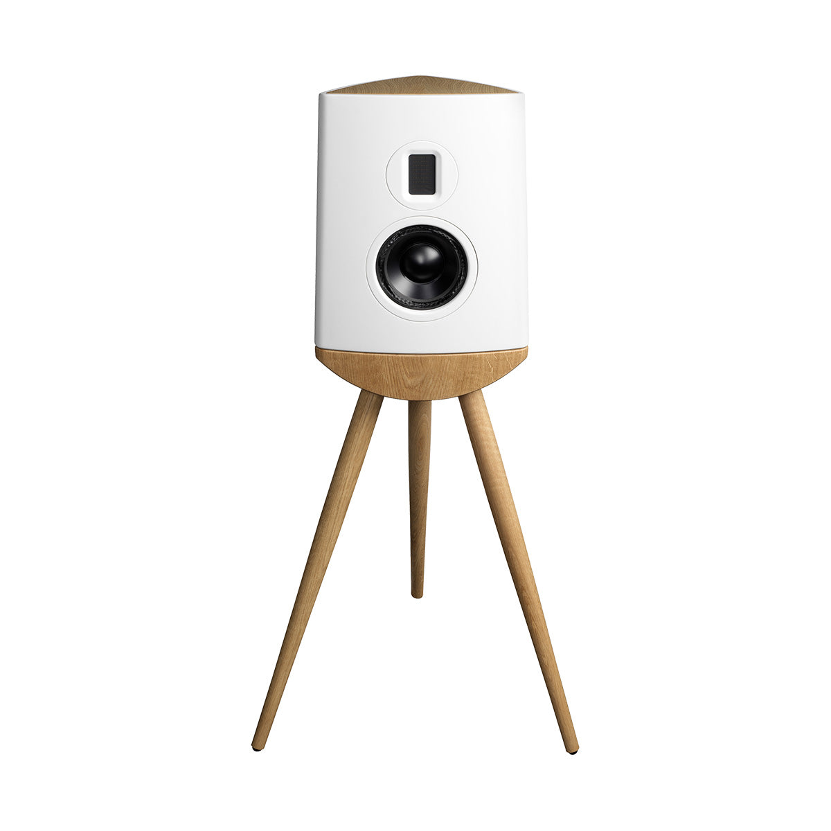 Lyngdorf Cue-100 Speaker white speaker with oak base front view without grille