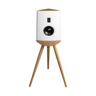 Lyngdorf Cue-100 Speaker white speaker with oak base front view without grille