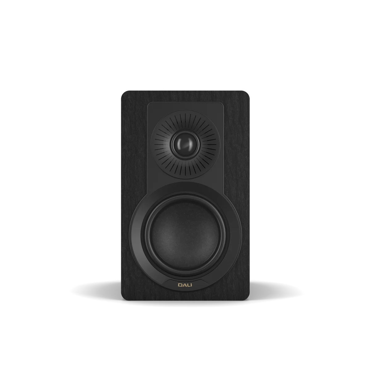 A single black Dali bookshelf speaker with a wood-grain textured front baffle, featuring a dual-driver design with a tweeter on top and a larger woofer below, shown against a plain white background.