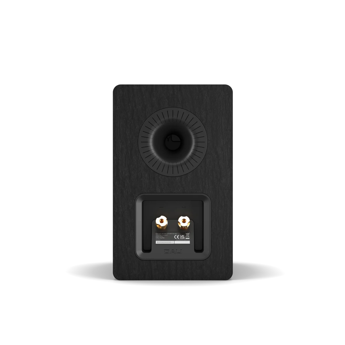 A single black wood-finish bookshelf speaker shown from the rear, featuring a circular bass reflex port and two audio input jacks on a white background.