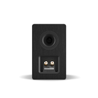A single black wood-finish bookshelf speaker shown from the rear, featuring a circular bass reflex port and two audio input jacks on a white background.