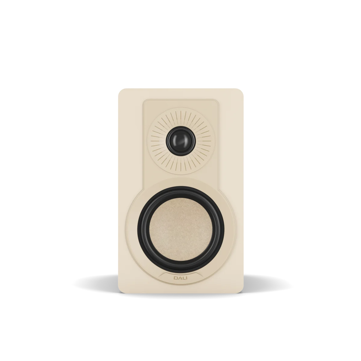 A cream-colored DALI KUPID bookshelf speaker with a black midrange driver and a black tweeter, shown against a plain white background.