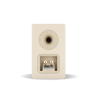 The rear view of a beige bookshelf speaker, showing the horn driver and the dual audio input terminals with banana plugs, on a white background.