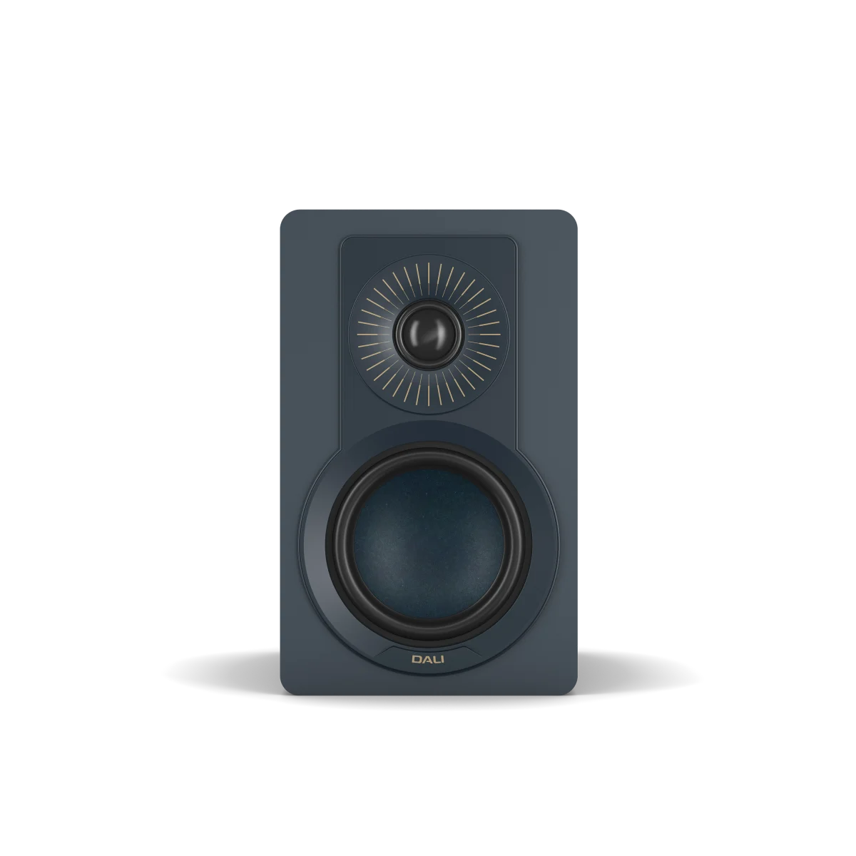 A single Dali Kupid bookshelf speaker in a dark slate blue-gray finish, shown from the front against a clean white background.