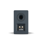 The rear view of a dark slate blue/gray speaker showing the dual banana plug input jacks and a circular dial detail, on a clean white background.