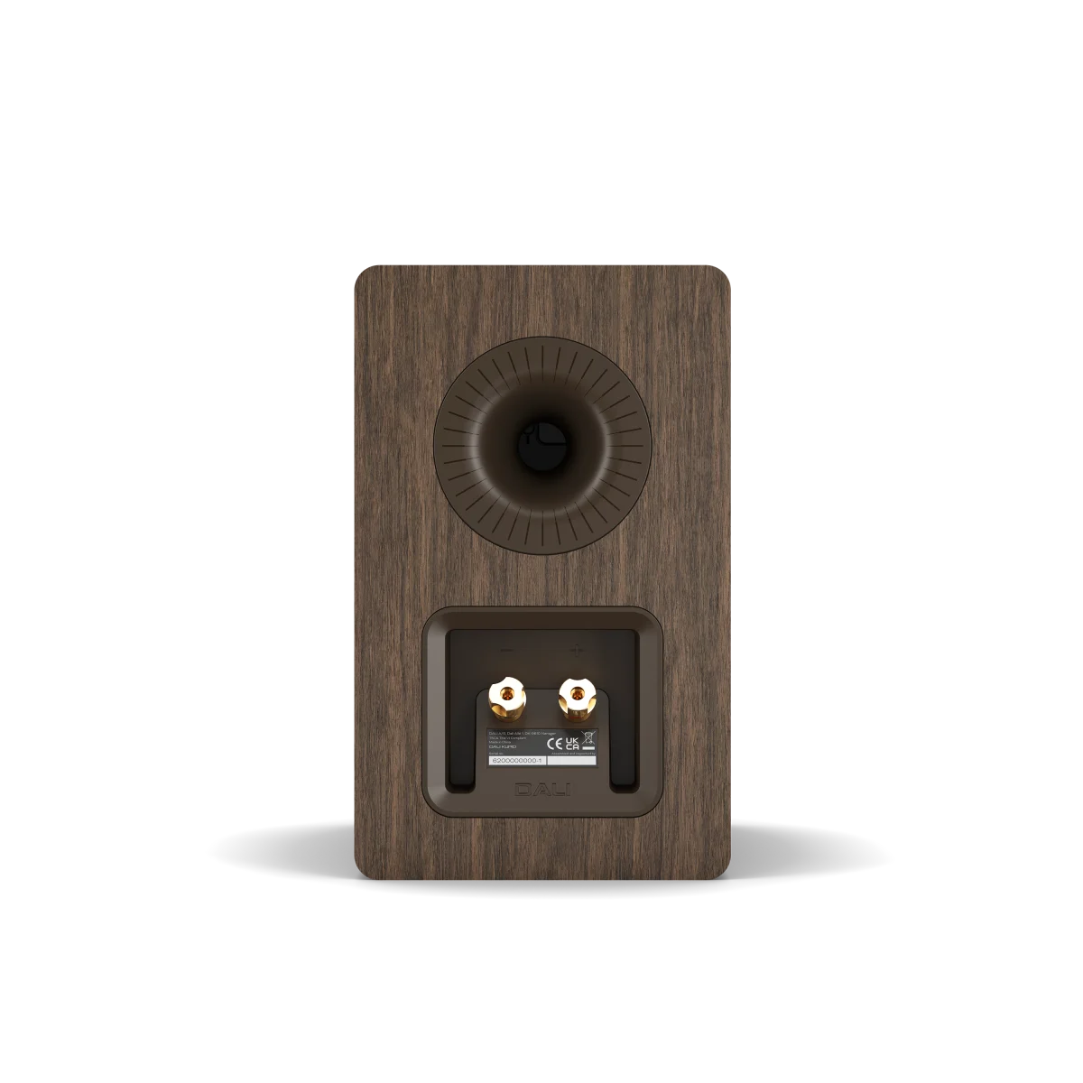 A single wooden speaker cabinet shown from the rear, featuring a dark brown wood-grain finish, a circular port hole, and two gold-plated audio jacks on a white background.