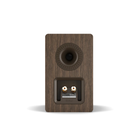 A single wooden speaker cabinet shown from the rear, featuring a dark brown wood-grain finish, a circular port hole, and two gold-plated audio jacks on a white background.