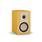 A DALI KUPID bookshelf speaker in a matte mustard yellow finish with a cream-colored front baffle and driver surrounds