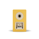 The rear view of a yellow DALI KUPID speaker on a white background, showing the back porting grille and terminal connectors.