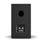 A single black wood-finish bookshelf speaker shown from the rear, featuring a circular port and a dual-banding terminal plate with gold-plated connectors, set against a plain white background.