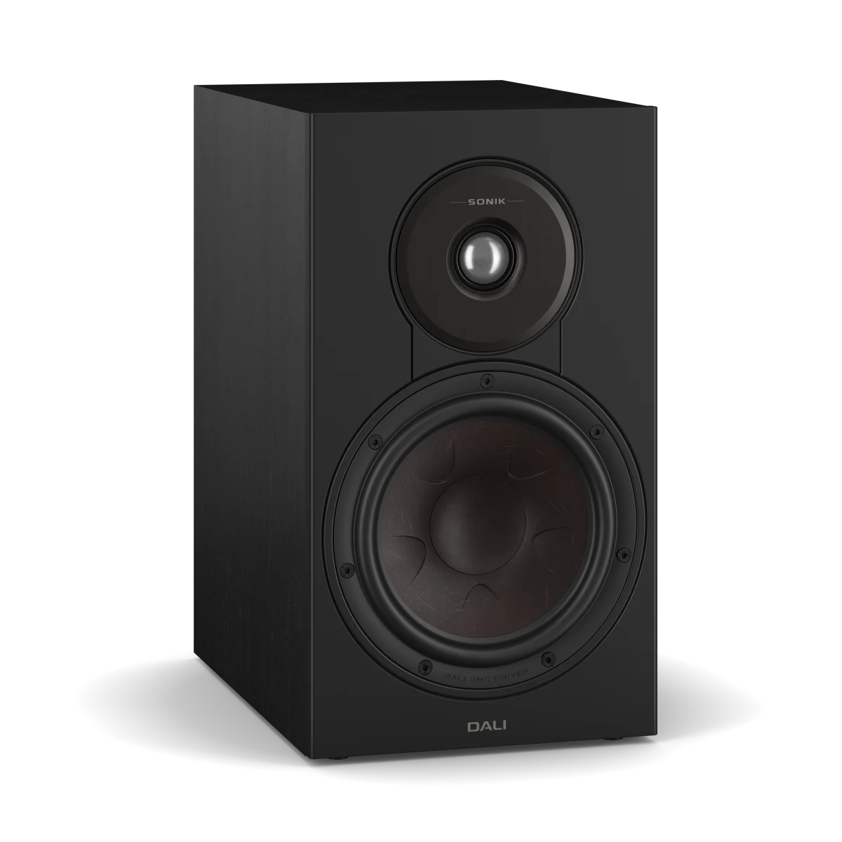 A black DALI speaker with a dual-driver design, featuring a small top tweeter and a larger front bass driver, shown on a clean white background.