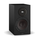 A black DALI speaker with a dual-driver design, featuring a small top tweeter and a larger front bass driver, shown on a clean white background.