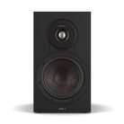A black Dali Sonik 3 bookshelf speaker with a dual driver design, featuring a small top driver with a silver center cone and a larger woofer with a dark brownish-black dust cup, shown on a white background with a soft shadow.