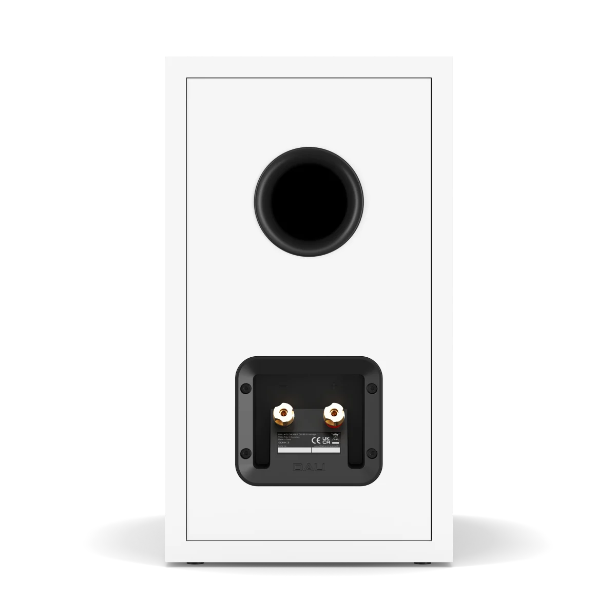 The rear view of a white bookshelf speaker with a black circular port and a black terminal block with two gold-plated screw terminals, shown on a white background.